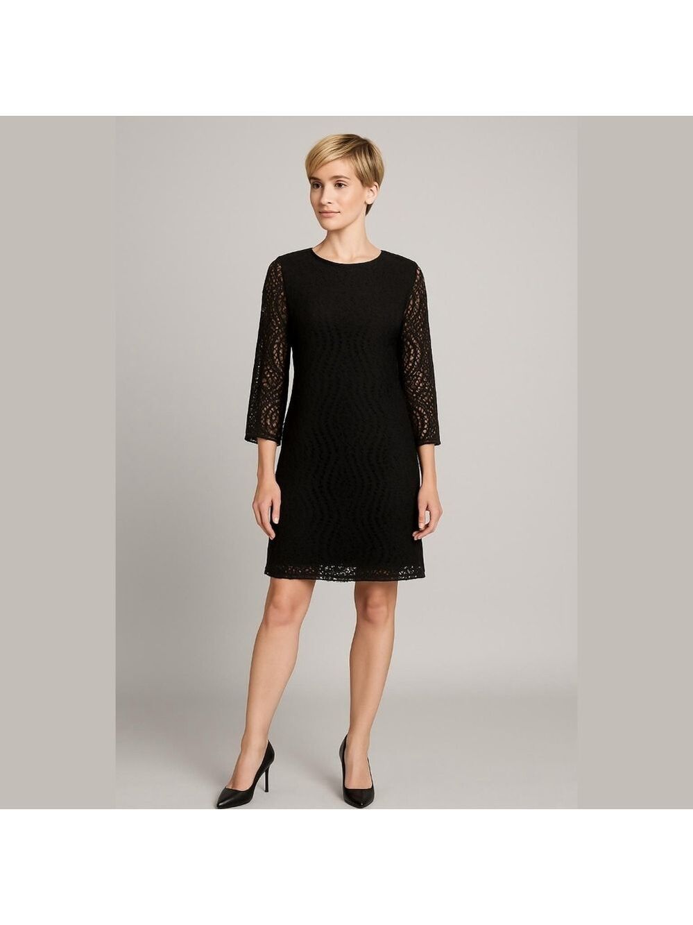 J.Crew Black Lace Shift Dress Size 10 3/4 Sleeve Scalloped Hem